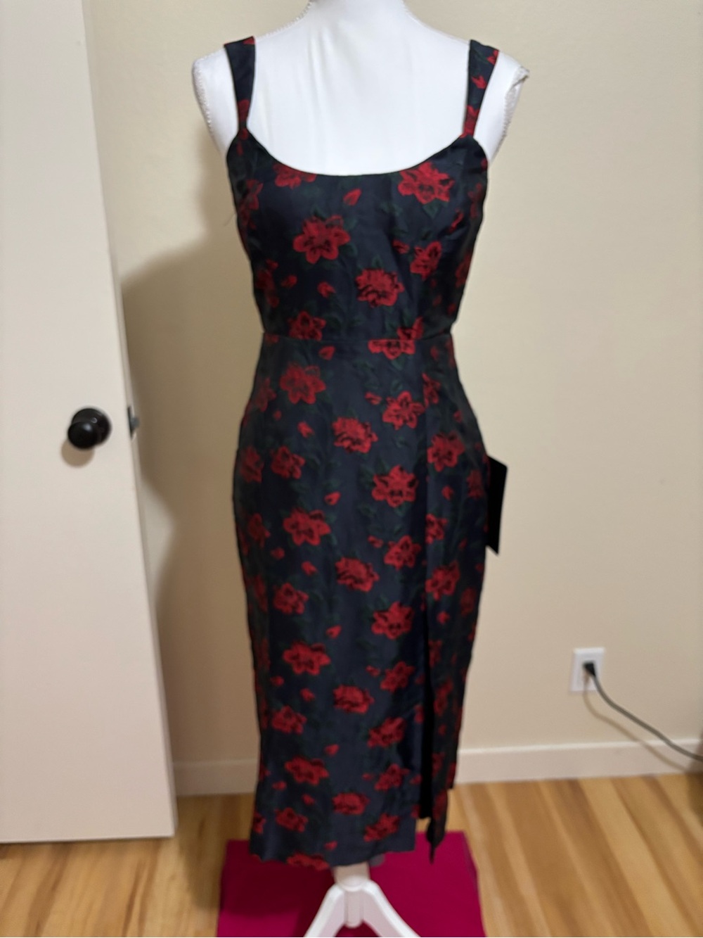 Lulu's Black Midi Dress with Red Floral Print